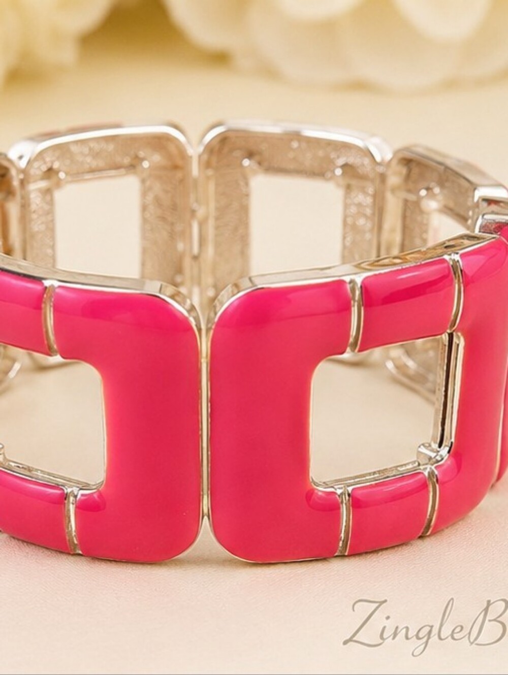 Vintage Hot Pink Enamel Stretch Bracelet Silver Tone Geometric Statement Piece